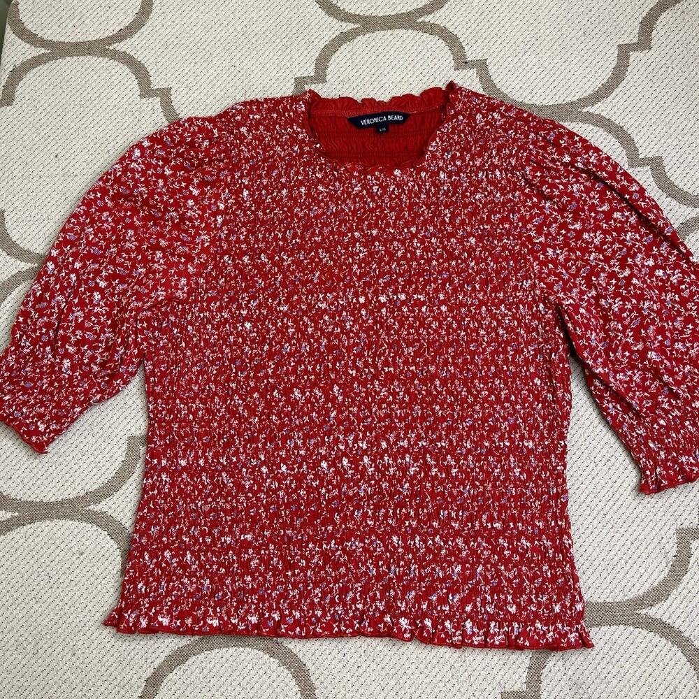 Veronica Beard Red Floral Smocked Puff-Sleeve Top - Picture 2 of 12